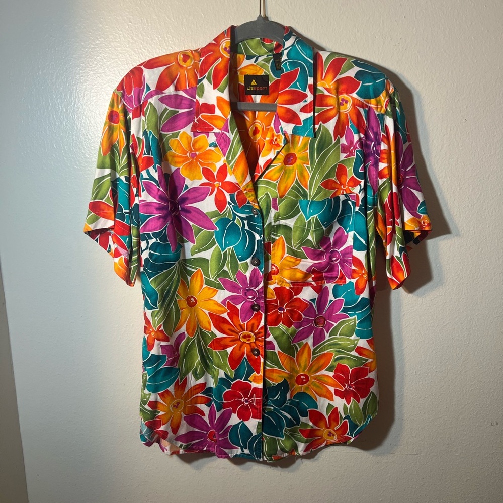 Liz Sport Vintage Rayon Colorful Hawaiian Floral Short Sleeve Button Up Shirt M